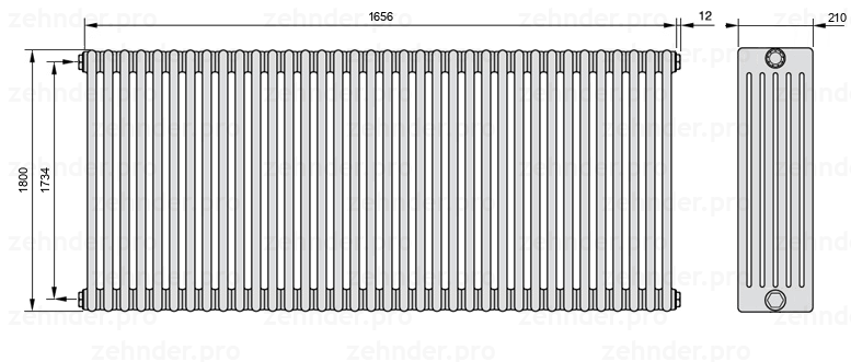 Схема (чертеж) Радиатор Zehnder Charleston 6180/36 №1270 Белый глянцевый RAL 9016
